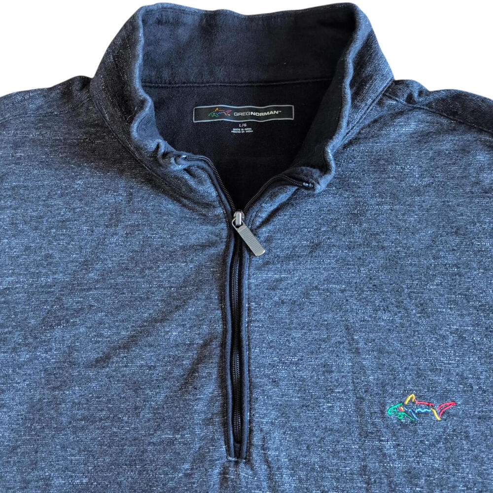 Greg Norman Sweater Mens Large Heather Blue Quarter Zip Pullover Golf Shark Logo